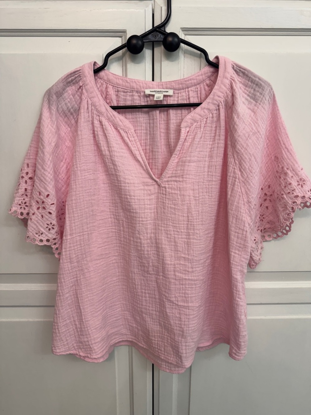 beachlunchlounge Light Pink Split-Neck Cotton Gauze Blouse. Coquette Cottagecore